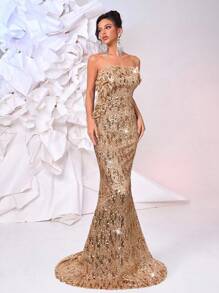 Glamrae 奢华手工串珠贴花美人鱼正式晚礼服，可调节系带后背，优雅礼服（重装饰） - 香檳色 - 查看 3