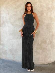 Aloruh Váy Maxi Halter Ôm Dáng Xếp Ly Màu Trơn Cho Nữ - màu đen - Xem 5