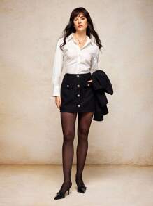 House of One Marled Black Tweed Front Button High-Waist Elegant Mini Skirt Women Casual Party Fall Women Clothes Old Money Fall Outfits Business Professional Women Business Casual Woman - Black - View 7