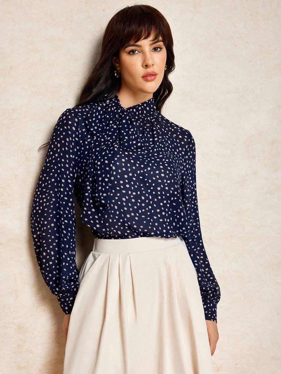 House of One High Neck Long Sleeve Tie Neck Casual Top With Bowknot Old Money Fall Clothes Fall Outfits Business Professional Women Business Casual Woman