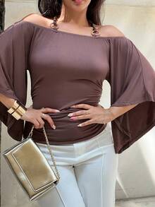 NegzBox 复古宽松露肩木珠装饰蝙蝠袖女式 T 恤 - 咖啡棕 - 查看 3