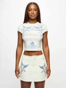 SUMWON WOMEN Angel Print Raw Edge Mini Denim Skirt Y2k Aesthetic Festival Wear Cherub Embellished Distressed Cotton Bottom - White - View 3