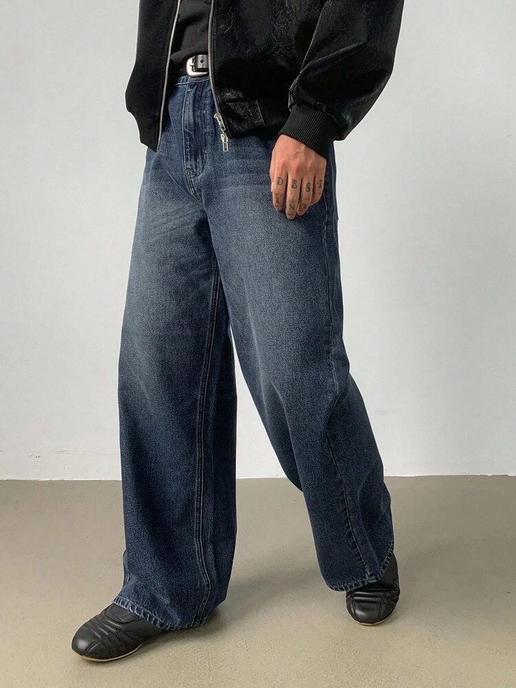 Men's Distressed Washed Dark Blue Denim Jeans, Autumn