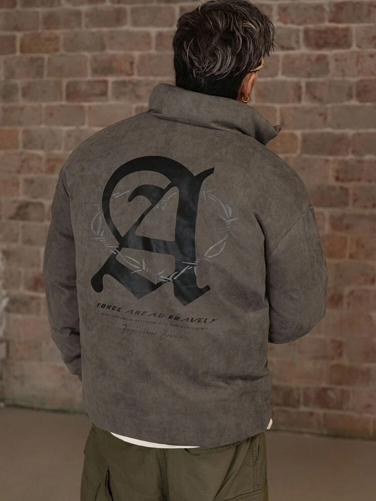 Men's Thick Thermal Lined Graphic Letter Print Stand Collar Padded Coat, Winter Jacket