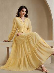 Anewsta Váy dài nhẹ nhàng, phong cách nghỉ dưỡng thanh lịch, màu vàng kem, nhiều lớp, đính ren và đá giả kim cương, dành cho nữ, mùa thu/đông - Vàng nhạt - Xem 1