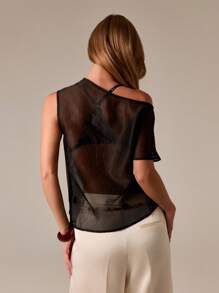 AiiRZ Blusa de organza transparente asimétrica de una manga, elegante para fiestas y ocasiones especiales, top transparente de moda para salir de noche, para festivales - Negro - Ver 2