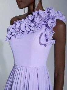 Elitara Váy dạ hội nữ có nếp gấp Sunray, thiết kế cổ bất đối xứng và hoa 3D thủ công, váy dự tiệc cưới trang trọng thanh lịch, tốt nghiệp, váy dự tiệc tối - Màu Lilac Tím - Xem 5