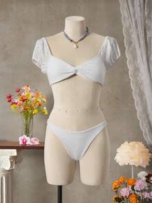 SHEIN Swim Summer Beach 3packs Schiffy Twist Bikini Set & Ruffle Skirt - White - View 6