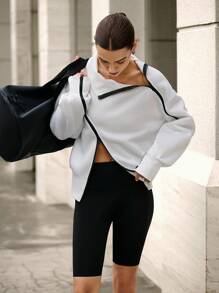 Hanevo Women's Fashion Colorblock Zipper Fleece Turtleneck Lantern Sleeve Sweatshirt Fall Cloth For Women