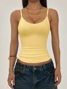 SHEIN PETITE Mustard Yellow Casual Knitted Cami With Spaghetti Straps And Backless Design Y2k Tops Yellow Tank Top Summer Tops Yellow Bodysuit 2000s Tops Y2k Clothes Women Tops Summer Tops Y2k Y2k Tank Top - Mustard Yellow - View 4