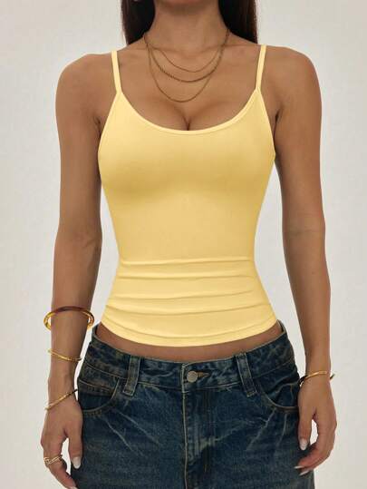 SHEIN PETITE Canotta casual lavorata a maglia di colore giallo senape con spalline sottili e design schiena scoperta, top stile Y2K, canotta gialla, top estivi gialli, abbigliamento Y2K da donna, top estivi Y2K, canotta Y2K