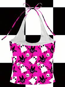 Shutterstock Women's Halter Neck Spaghetti Strap Fashion Summer Halloween Element Print Top Pink And Black Halloween Top Pink Ghost Top Halloween Rave Pink Rave Top Going Out Tops - Pink - View 2