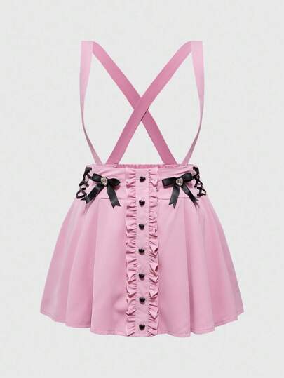 EDITION Falda de tirantes plisada con decoración de lazo, corazón y diamante, estilo escolar y adorable para mujer de talla grande