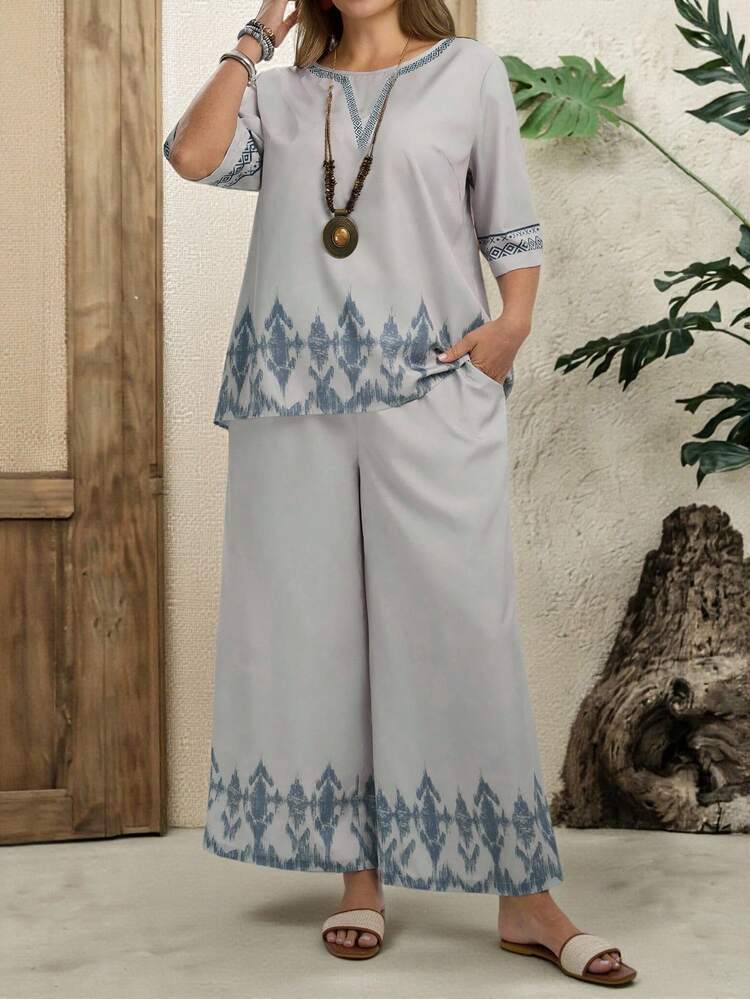 プラスサイズジオメトリックプリントカジュアルバケーション2点セット:シャツとパンツ