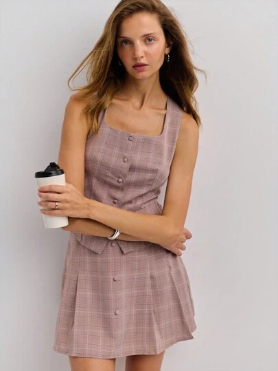 Nöista Tailored Plaid Set Featuring A Button-Up Vest With Flap Pockets And A Matching Pleated Mini Skirt For A Smart, Polished Look. Co-Ord For Women.