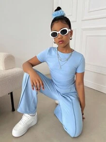 SHEIN Tween 女童休闲纯色针织长袖上衣和直筒裤套装，返校装 - 藍色 - 查看 4