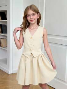 SHEIN Tween Girls Solid Apricot Beige Puffy Hem Suit Vest 2 In 1 Sleeveless Dress, Back To School, Formal Dresses, Summer Dress, Girls School Dress, School Clothes For Girls, Teen Girl Clothes For School, Girls School Clothes, Girls Back To School Outfits, Mommy And Daughter Outfits - Khaki - View 12