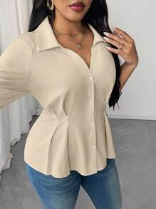 Maweii Plus Size Solid Color Collared Ruched Waist Elegant Blouse - Apricot - View 4