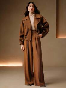 SHEIN X Jwoww Anewsta Women's Autumn/Winter Brown Short Fitted Elegant Hem & Cuff Striped Double-Breasted Lapel Double-Faced Wool Coat - Khaki - View 4