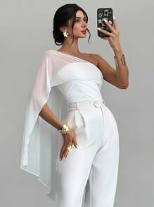 Firerie 女式简约优雅度假休闲日常时尚百搭白色不对称肩领网眼拼布针织宽松系带前开襟衬衫，夏季 - 白色 - 查看 5