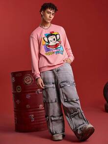 Paul Frank X SHEIN 男士休闲可爱卡通猴子印花圆领运动衫 - 粉色 - 查看 3