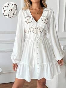 Breezaya Women's Button Design Lantern Sleeve Fashion Two-Tone Embroidered Mini Dress - White - View 1
