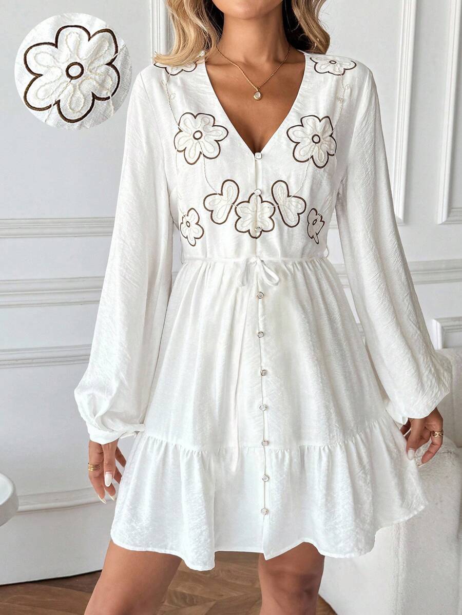 Breezaya Women's Button Design Lantern Sleeve Fashion Two-Tone Embroidered Mini Dress - White - View 1