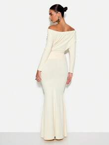 KIZN Long Sleeve Bardot Belted Maxi Gown Evening Formal Wedding Guest Empire Waist Floor Length Dress Winter Fall Special Occasion Sophisticated Elegant - Light Yellow - View 2