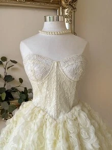 Lovelzi Váy vải voan hoa 3D xương cá đính hạt màu trắng kiểu cung điện sang trọng, thanh lịch, quý phái, thích hợp cho tiệc đơn, đám cưới, tốt nghiệp, kỳ nghỉ, tiệc chia tay cuộc sống độc thân - Màu be - Xem 6
