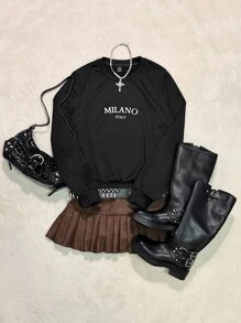 SHEIN EZwear Sudadera holgada de mujer con estampado gráfico minimalista casual de Milán, Italia, de cuello redondo