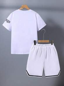 SHEIN Explorewe 青少年男孩字母印花短袖t恤和短褲兩件套裝 - 白色 - 查看 2