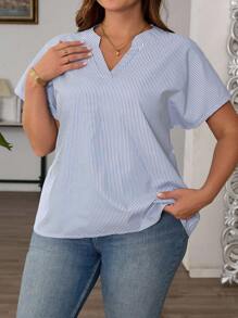 SHEIN CURVE+ Plus Size Women's V-Neck Batwing Short Sleeve Striped Casual Shirt - Multicolor - View 6