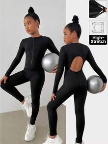 SHEIN Tween 女童休闲经典圆领露背前拉链长袖连体衣运动服，青少年女孩运动装，适合日常、户外、休闲运动 - 黑色 - 查看 4