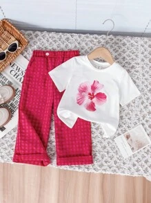 SHEIN 2 件套可爱卡通熊图案 T 恤和格子裤，适合年轻女孩的休闲夏季服装 - 白色 - 查看 5