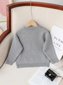 SHEIN 女童时尚提花蝴蝶结图案厚针织套头毛衣，秋冬季款 - 灰色 - 查看 2