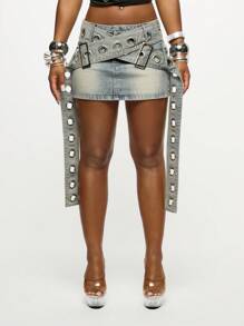 SUMWON WOMEN 牛仔迷你裙 索环腰带 复古水洗 破旧低腰 街头服饰 节日 Y2K 朋克摇滚 俱乐部派对 声明 双腰带设计 孔眼侧带 毛边 - 彩色 - 查看 1