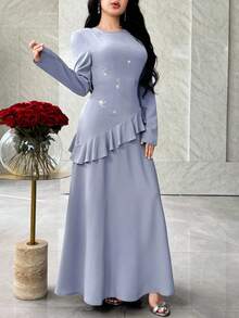 Feyla Đầm nữ cổ tròn tay dài viền bèo nhún đính đá sang trọng - Màu xanh lam - Xem 5