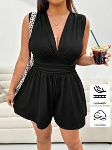 Solflare Plus Size Sleeveless V-Neck Black Casual Jumpsuit, Minimalist & Fashionable For Everyday Wear,Summer /Spring Women Outfit,Spring Break - Black - View 5