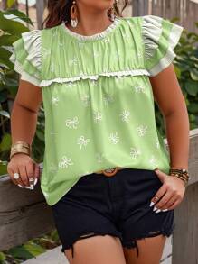 SHEIN Holidaya Plus Size Women's Round Neck Cap Sleeve Blouse With Random Bow Print - Multicolor - View 1