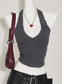 SHEIN ICON Women's Slim Fit Casual Halter Neck Solid Color Adjustable Buckle Tank Top