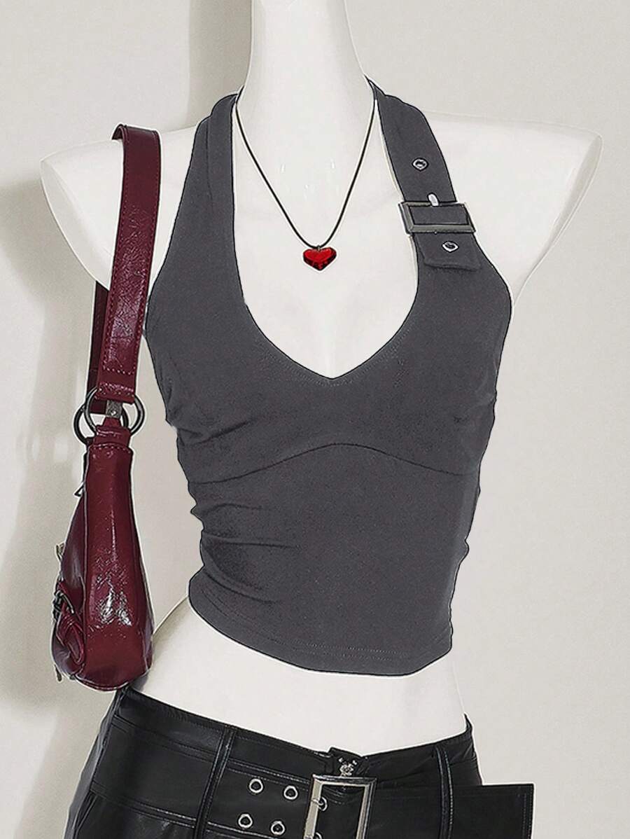 SHEIN ICON Women's Slim Fit Casual Halter Neck Solid Color Adjustable Buckle Tank Top