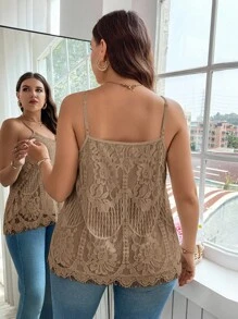 Reflora Plus Size Elegant Solid Color Lace Camisole Lace Tank Top Crochet Tank Brown Lace Top Light Brown Top Coffee Brown Top