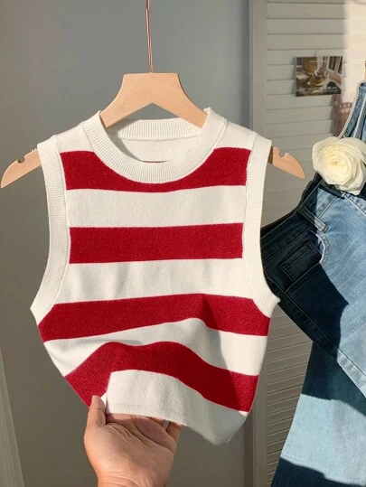 Comfortcana 夏季大码休闲条纹无袖针织上衣
