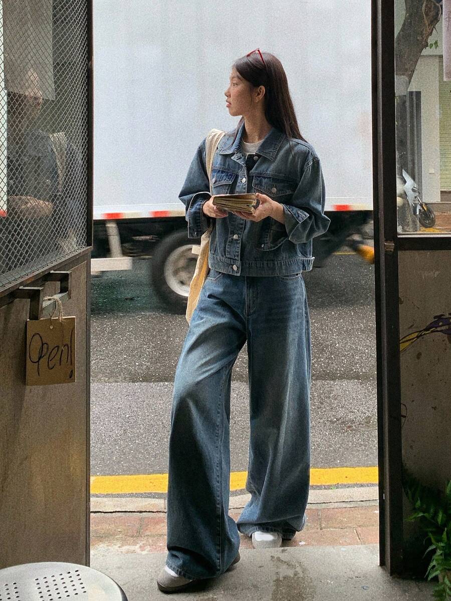 DAZY Women's Casual Washed Denim Jacket And Wide Leg Jeans 2 Pieces Set