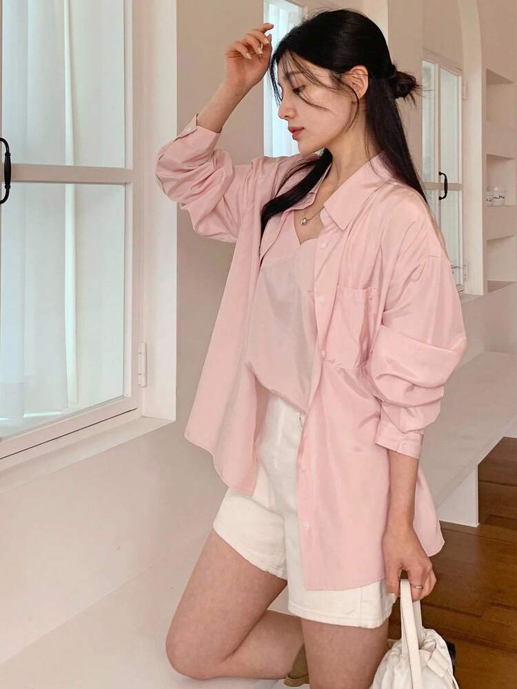 2pcs Women Set: Solid Color Drop Shoulder Long Sleeve Button-Up Shirt And Camisole
