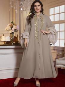 Al Najma Jubah Panjang Mewah Elegan Minimalis Berlengan Lentera Renda Kustom Ukuran Plus, Kaftan Sopan - Khaki - View 4