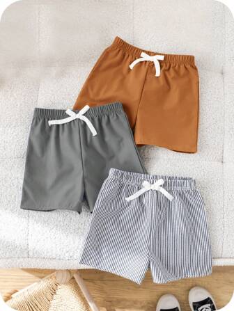 SHEIN 3件/套 青春男童 买二送一 三件套 休闲运动 学院风 复古条纹纯色 性价比高 多件装 短裤 适合衣服 返校季 男童套装 适合生日派对、晚会、演出、婚礼、洗礼、开幕式 日常 适合日常穿着 适合上学 适合旅行 适合运动 适合春夏季节