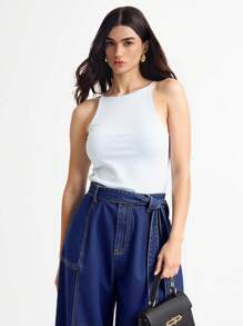Daynim Women's Casual Knotted Waist Loose Fit Bell Bottom Jeans - Dark Wash - View 5