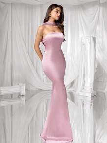 Coutiva Women's Elegant Solid Color Backless Formal Evening Gown - Pink - View 3