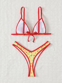 SHEIN Swim 女士夏季随机印花细肩带高开叉比基尼套装 - 彩色 - 查看 2